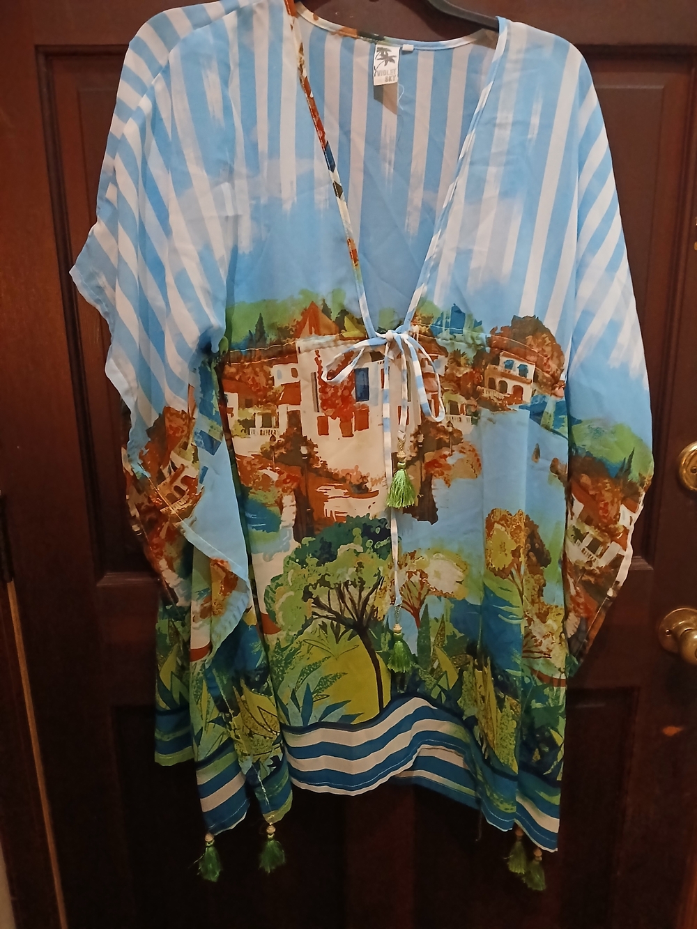 Violet Sky Blue and White Striped Swim Suit Cover Up Size M Tie At Waist Coastal